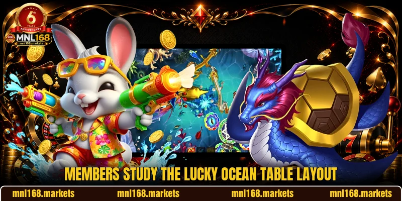Members study the Lucky Ocean table layout Members study the Lucky Ocean table layout